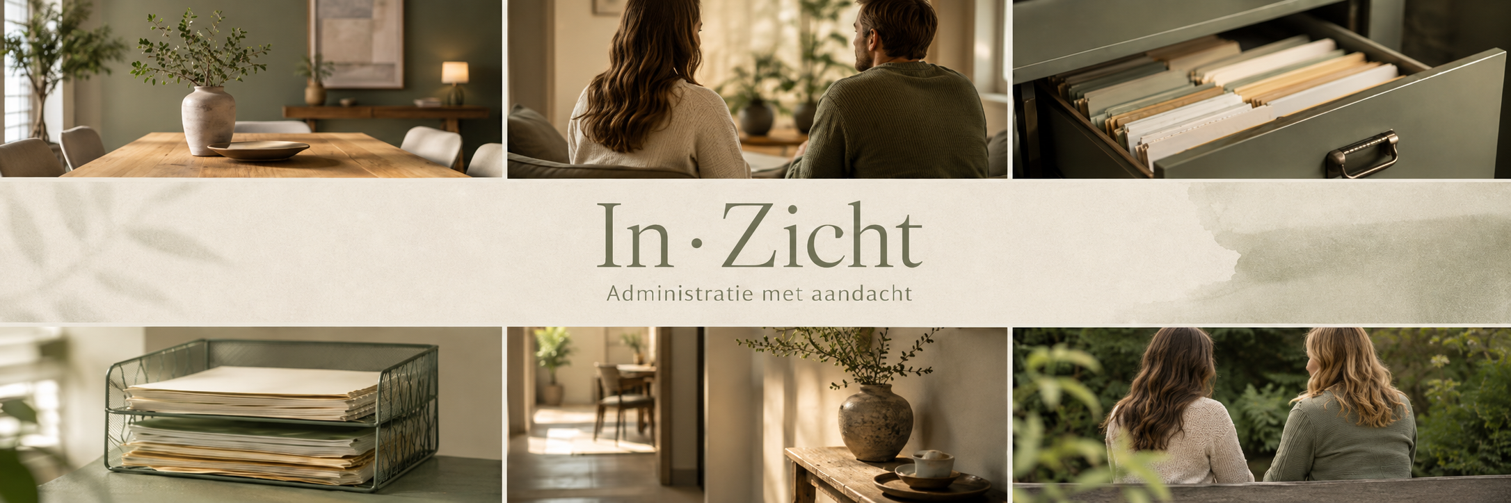 Een warme en uitnodigende collage die persoonlijke en administratieve ondersteuning uitbeeldt