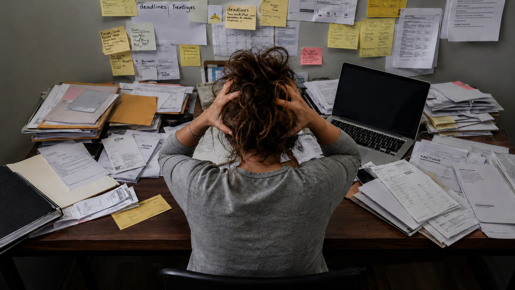 Een ondernemer aan een overvol bureau met administratie en papierwerk